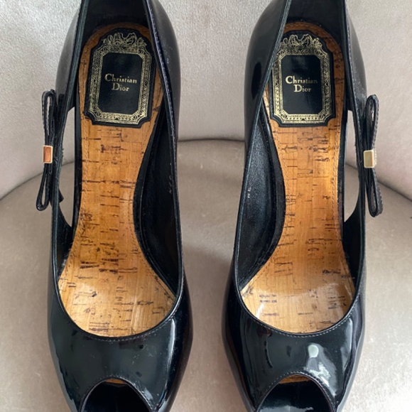 Christian Dior Black Patent Leather Peep Toe Pumps Stiletto Heels with Bow - Picture 2 of 7